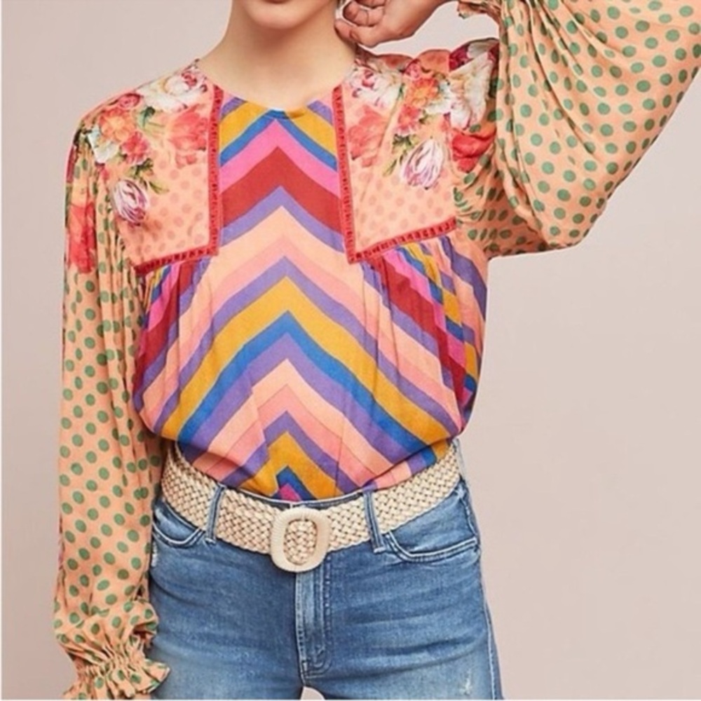 Anthropologie Blank Miranda Floral Polkadot Chevron Boho Blouse